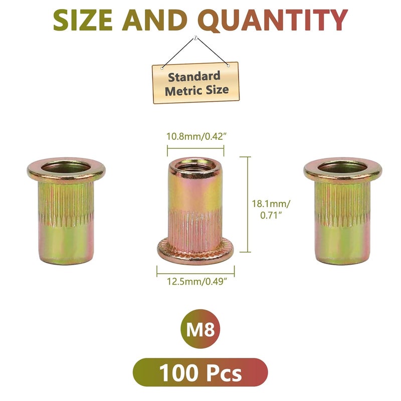 PRECIHW 100pcs M8 Rivet Nuts, M8 Flat Head Rivnut Threaded Insert Nuts with Knurled Body, Metric Zinc Plated Carbon Steel Insert Nutsert for Automotive, Furniture, Decoration - Image 2